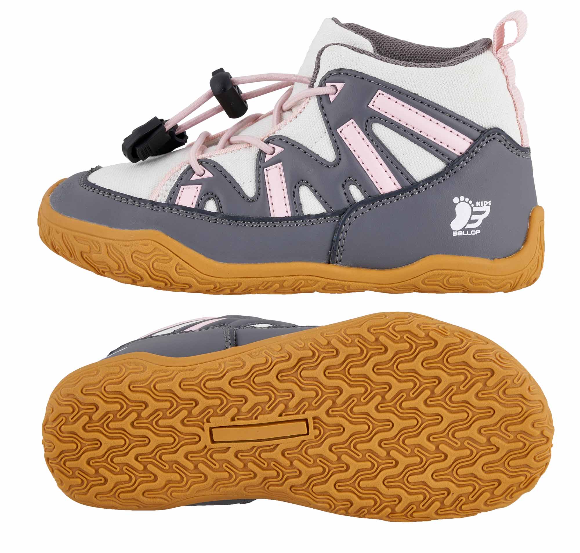 Kinderlaufschuh, Hochsichtbar, Gummi Sohle, Schnürschuh, Grau-Pink