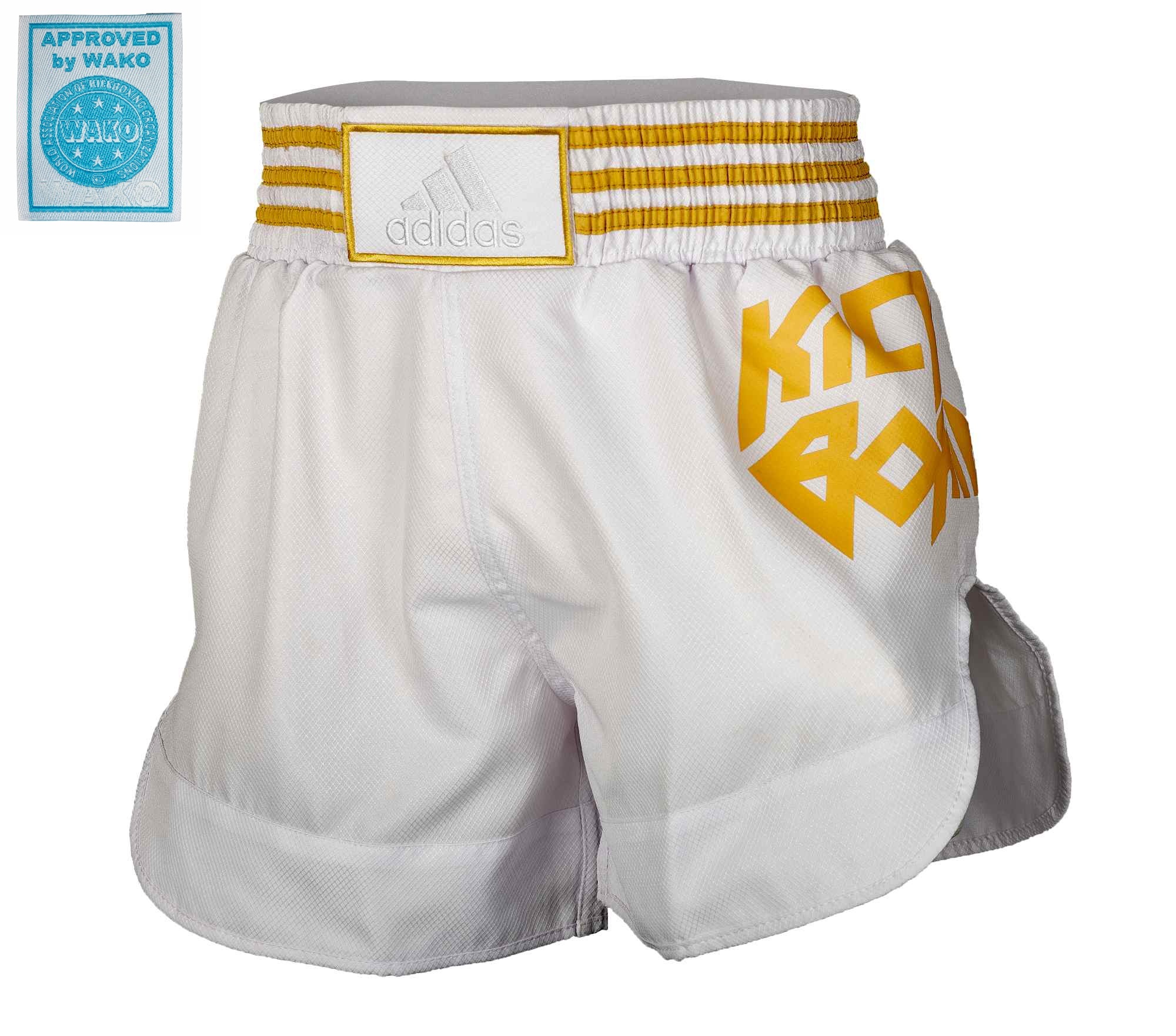 Boxing shorts, Muay Thai, White shorts, Yellow print, Elastic waistband