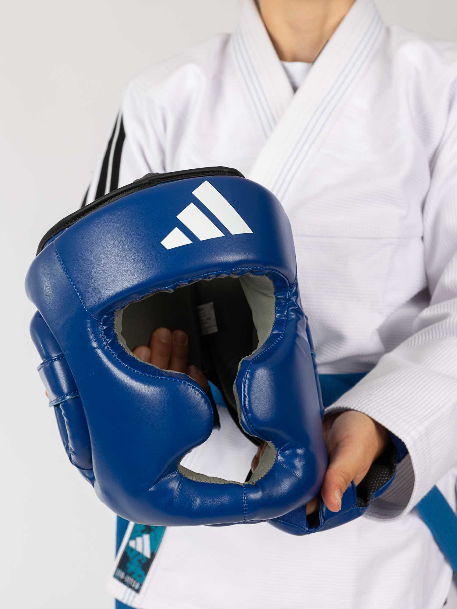 boxing headgear, blauer Kopfschutz, Schaum-Innenraum, Kunstleder, Adidas Logo