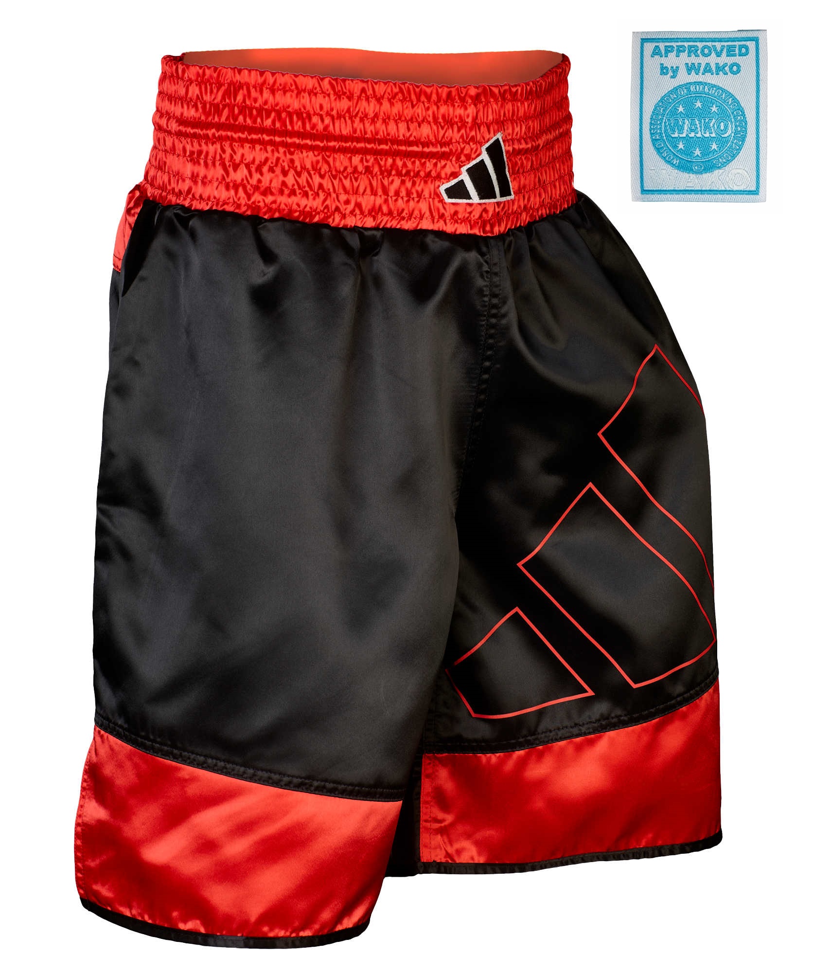 Boxing-Shorts, Sports-Shorts, Schwarze Shorts, Rotes Bund, Logo-Muster